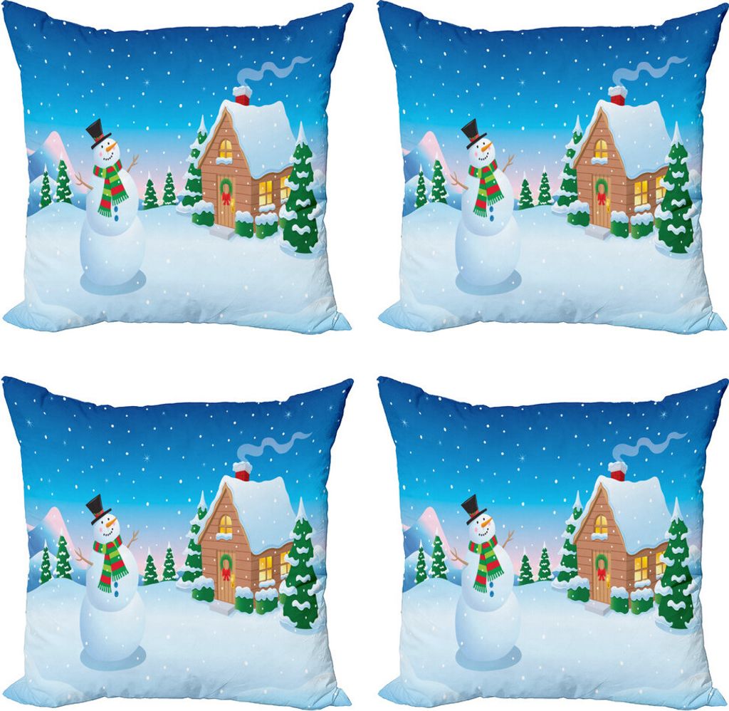 ABAKUHAUS Snowy-Bäume Kissenbezug Set (4 Stück), Frohe Schneemann und Haus, Moderner Doppelseitiger Digitaldruck, 60 cm x 60 cm, Cobalt Blue Mult...