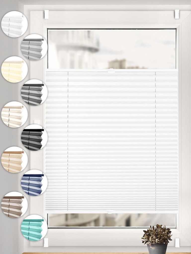 A white pleated blind is shown installed on a window, with a selection of other color swatches displayed on the left side of the image.