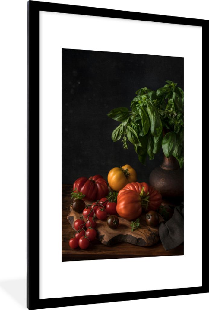 MuchoWow Gerahmtes Poster Stilleben - Tomaten - Basilikum - Gemälde - Gemüse - Schwarz 60x90 cm - Poster mit Schwarzem Bilderrahmen Wandposter ...