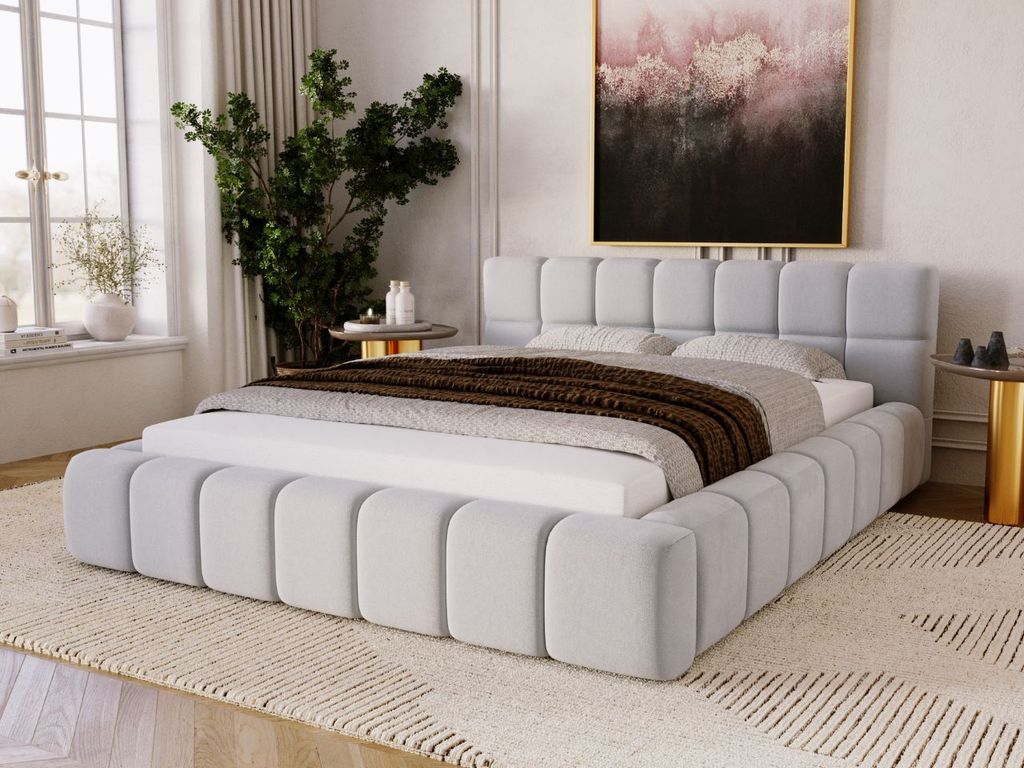 GrainGold Polsterbett Alicante 160x200 cm - Bett 160x200, Polsterbett mit Bettkasten und Lattenrost - Hellgrau (Royal 27)