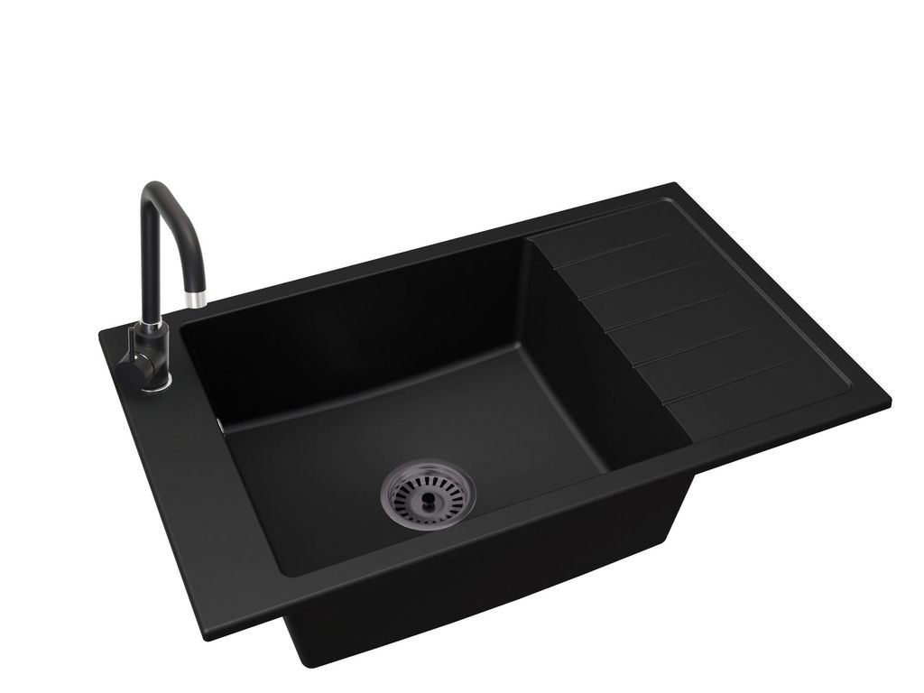Granitspüle Küchenspüle 1 Becken BRADO LUIS Set Armatur STEEL Siphon Schwarz Farbe