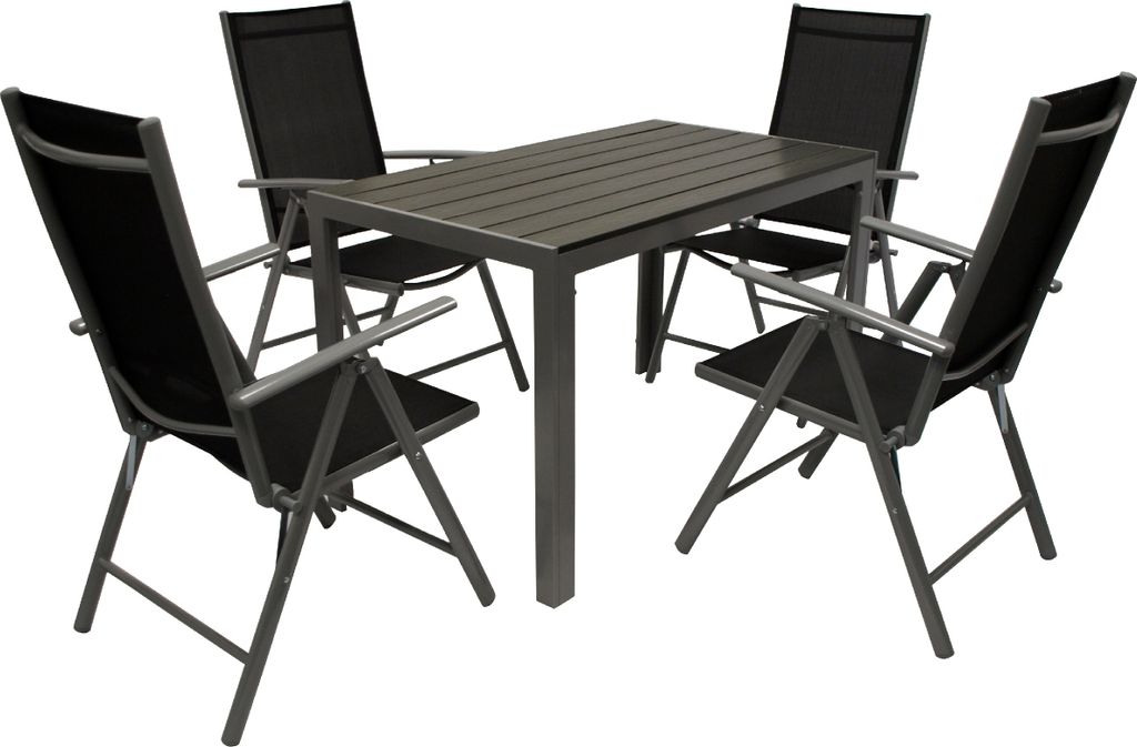 TPFGarden GARTEN-GARNITUR Ashford - 5-teilige Garten-Essgruppe (4x Klappsessel mit Armlehnen, 1x Tisch 125x70cm), Gestelle aus Aluminium grau, Bezu...