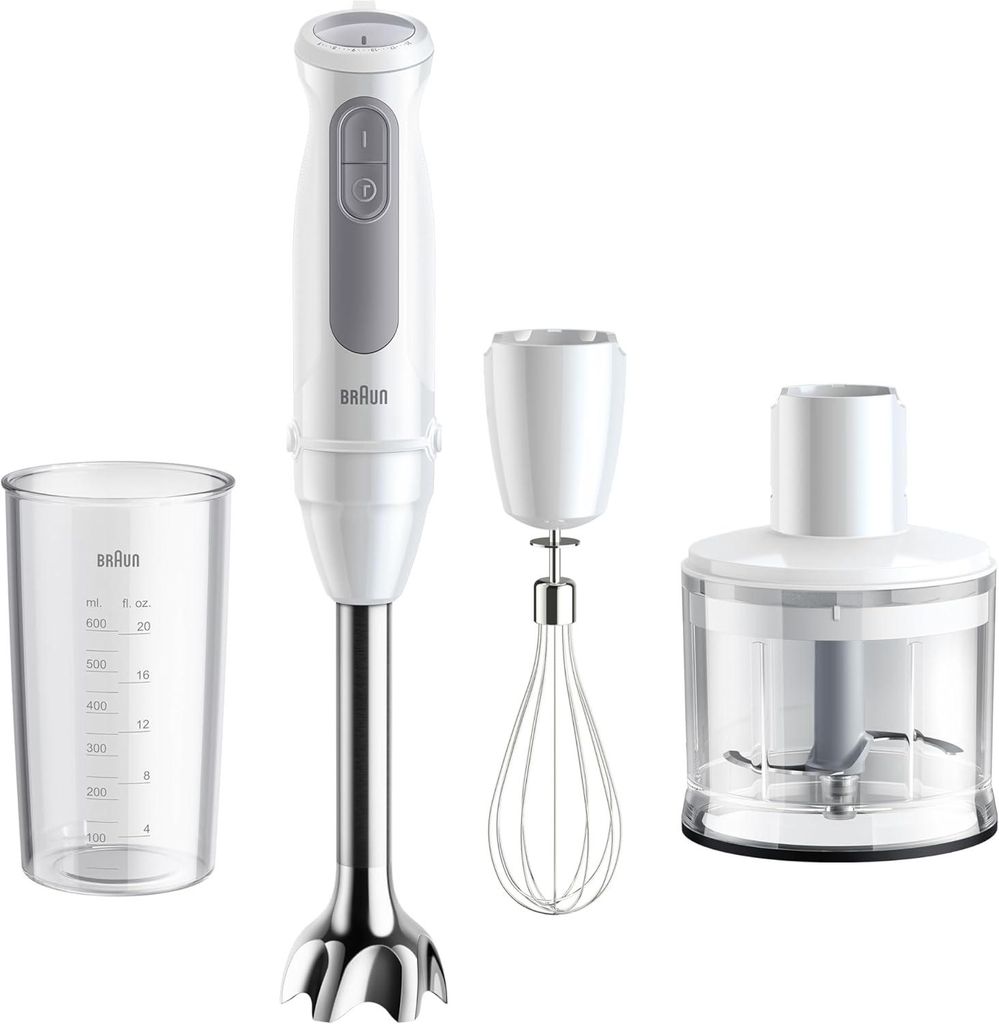 4-in-1 Stabmixer 1000W mit 21 Geschwindigkeiten & Turbo, Edelstahl-Pürierfuß, Zerkleinerer 500ml, Schneebesen, Mixbecher Weiß