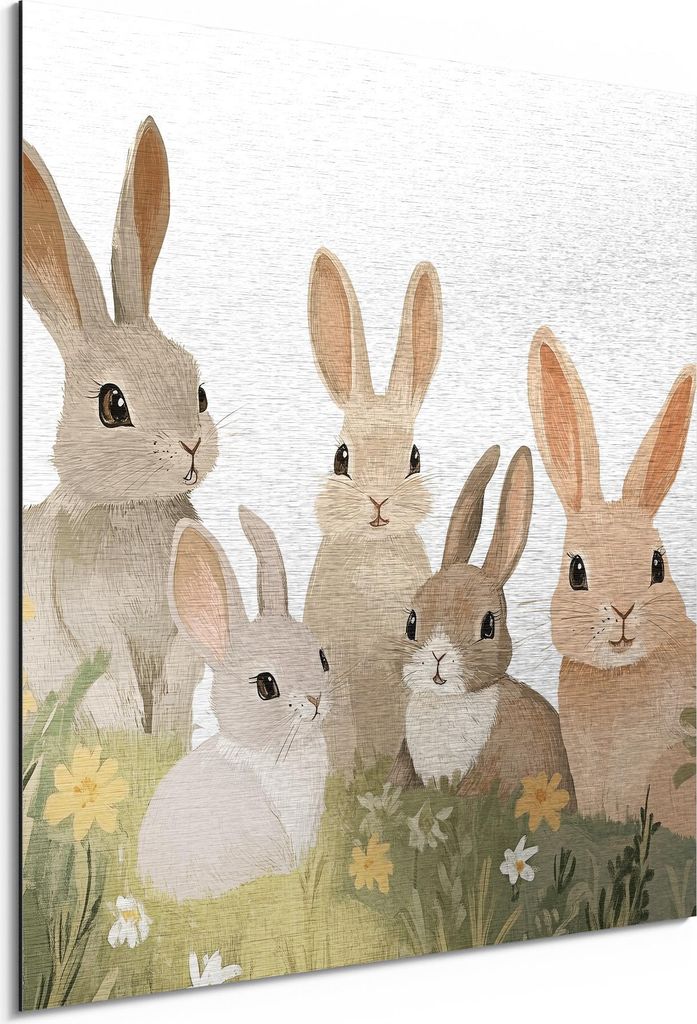 DEQORI Alu-Dibond Bild Silber 50x50 cm 'Langohrfamilie im Glück' Wandbild Metall dünn