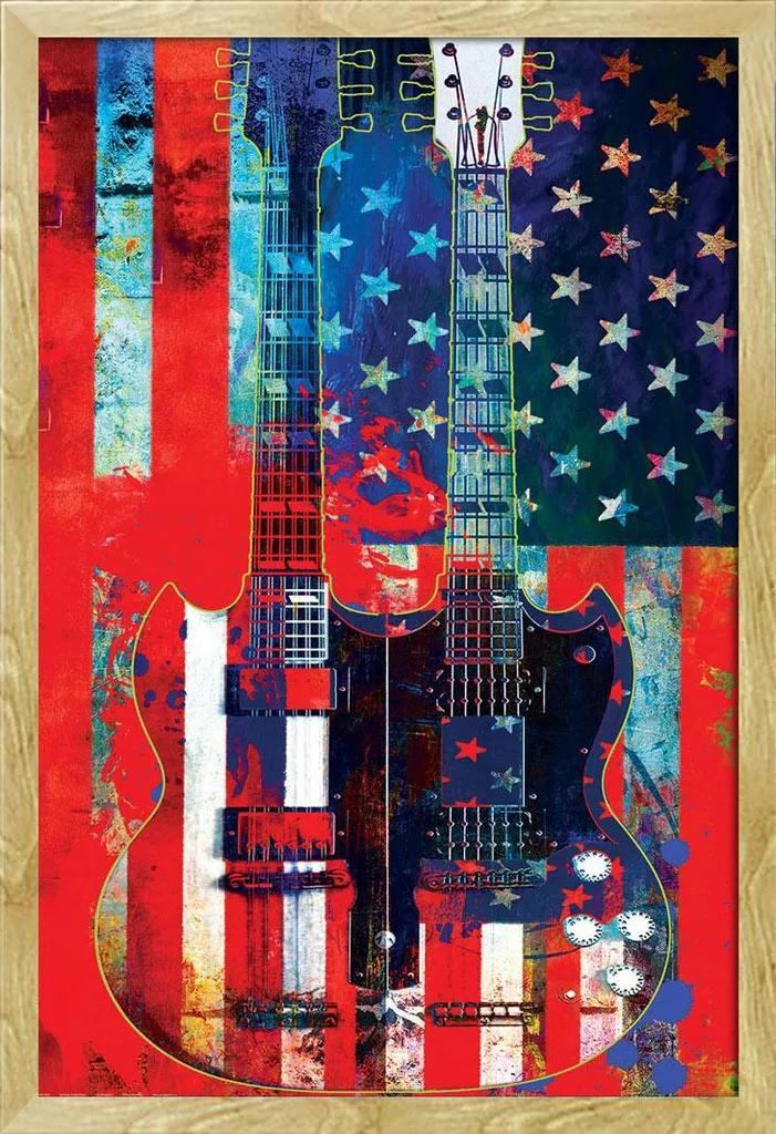 Poster Guitare Doubleneck American avec Cadre Shinsuke® Maxi Hêtre