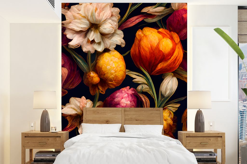 MuchoWow Fototapete für Wohnzimmer oder Schlafzimmer Wandtapete Vinyl Motivtapete Blumen - Pflanzen - Weiß - 175x240 cm - Schlafzimmertapete