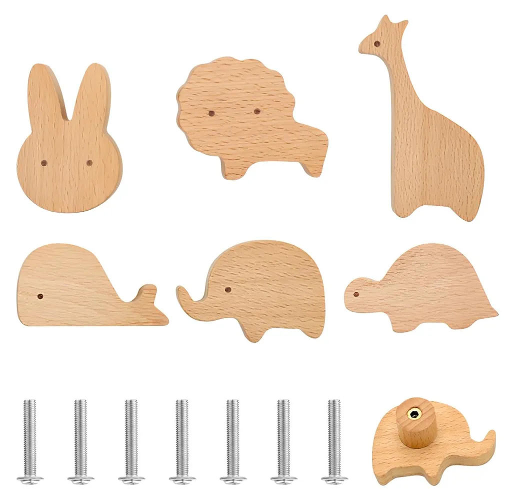 Lot de 6 poignées en bois pour chambre d'enfant : boutons animaux et vis