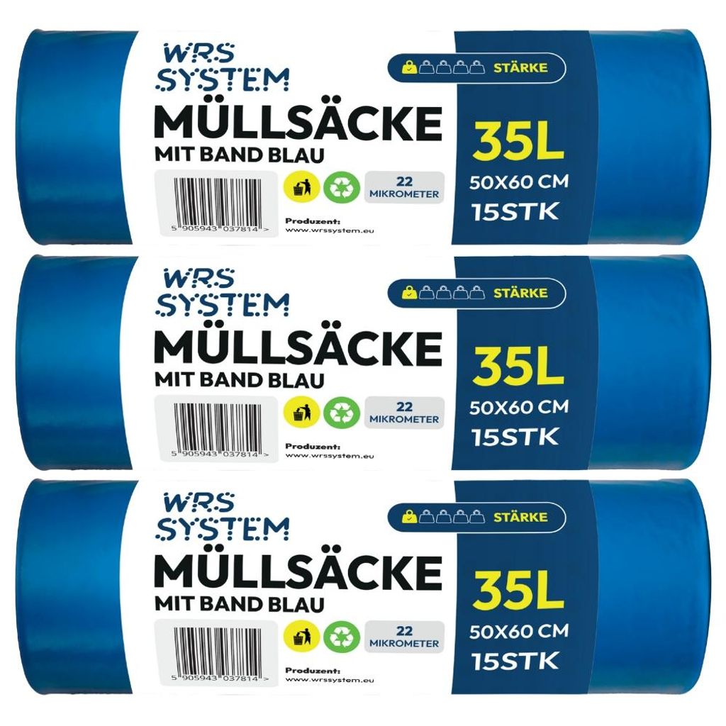 WRS System 3er Set Müllsäcke mit Zugband 35L 3x15 Stk. Produktbild 