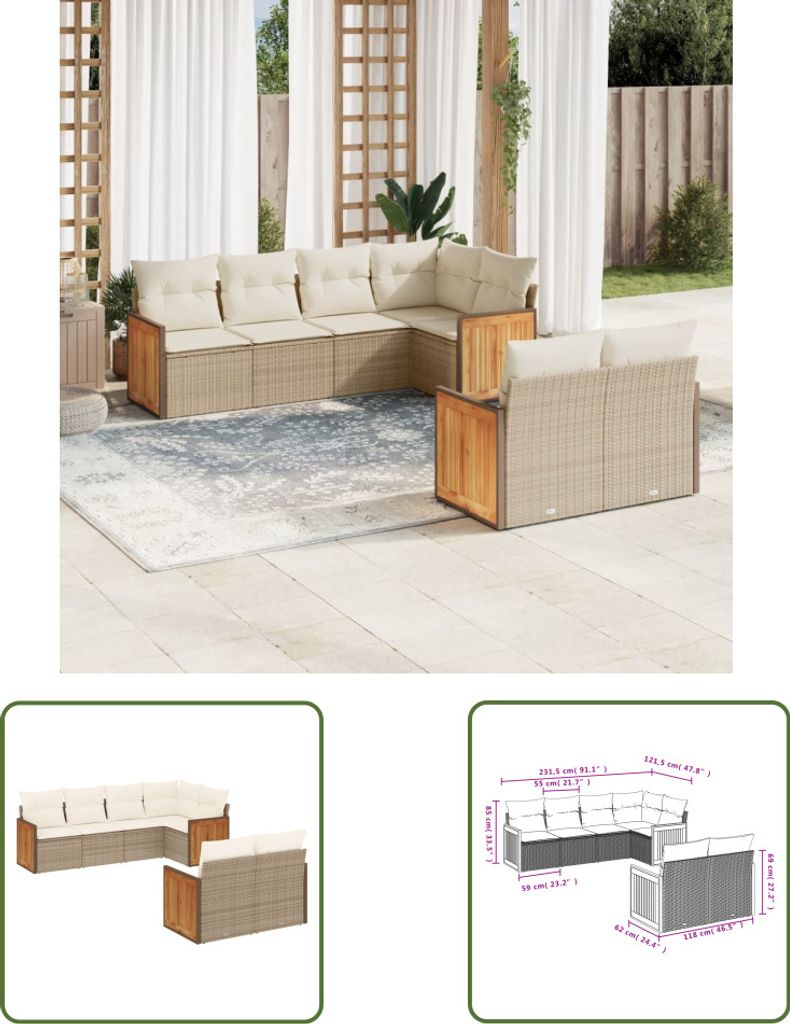 The Living Store 7-tlg. Garten-Sofagarnitur mit Kissen Beige Poly Rattan