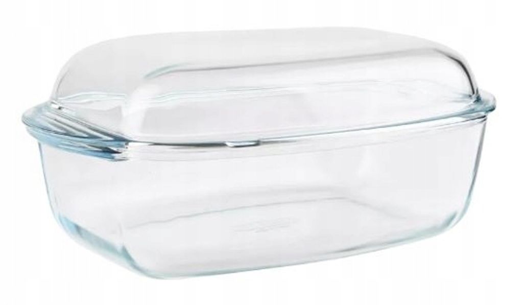 A clear glass baking dish with a lid, isolated on a white background.