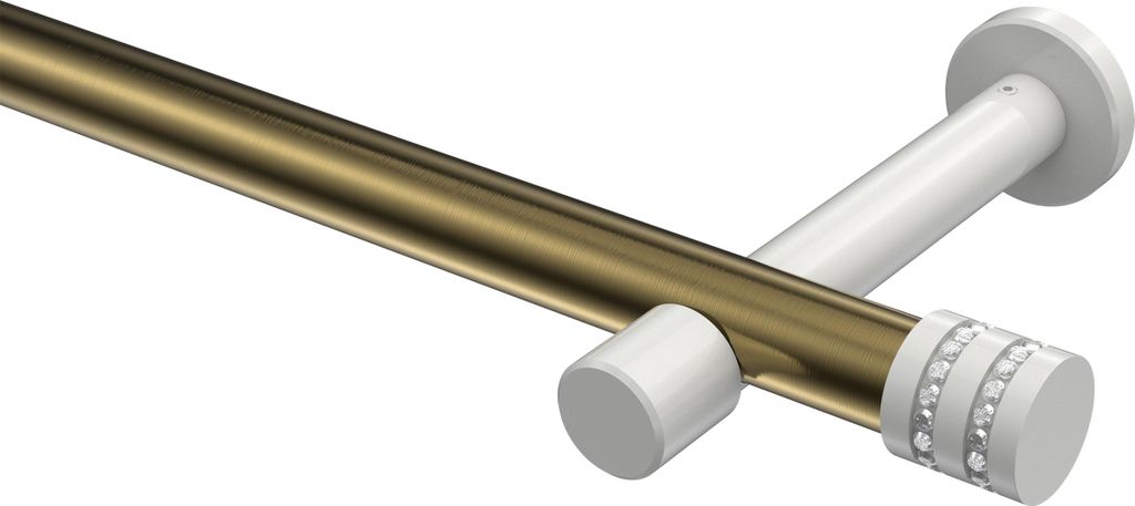 Interdeco Gardinenstange / Vorhangstange Messing Antik / Weiß, Typ Prestige Estana (Glitzerkappe) ohne Ringe, 20 mm Ø 1-läufig, 240 cm