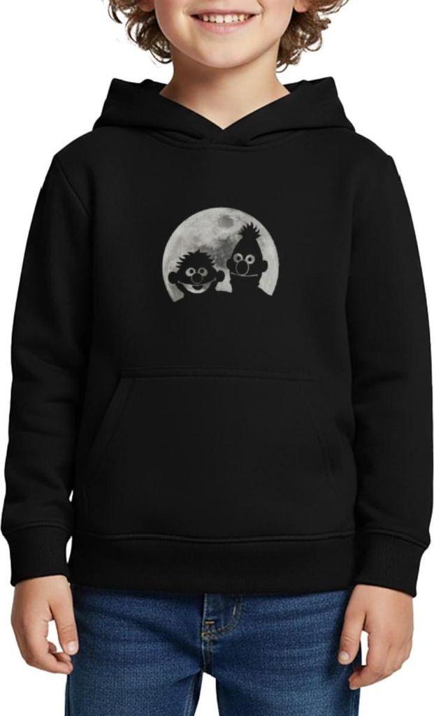 Spreadshirt Sesamstraße Ernie & Bert Bei Mondschein Kinder Premium Hoodie, 122/128 (6 Jahre), Schwarz