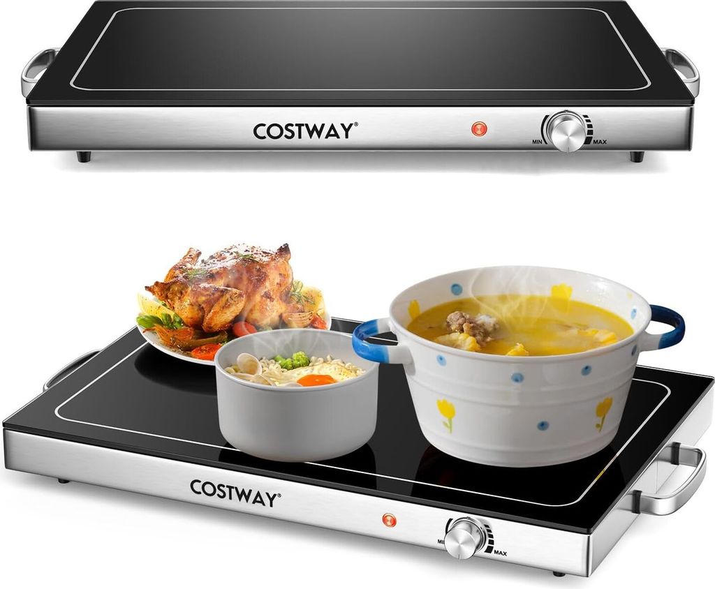 A collage showing a warming tray and the warming tray in use with food.