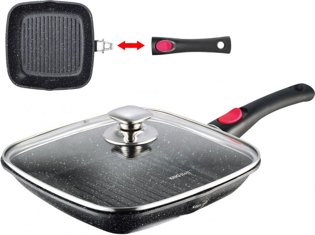 A square grill pan with a glass lid and a detachable handle, shown with the handle detached and an arrow indicating how it attaches.