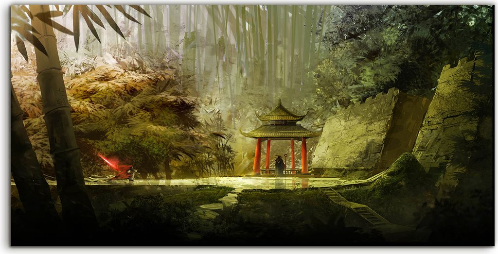 Coloray Canvas 120x60 Wandbild Leinwand Bilder Chinesisch Bauen Baum Sträucher Bambus