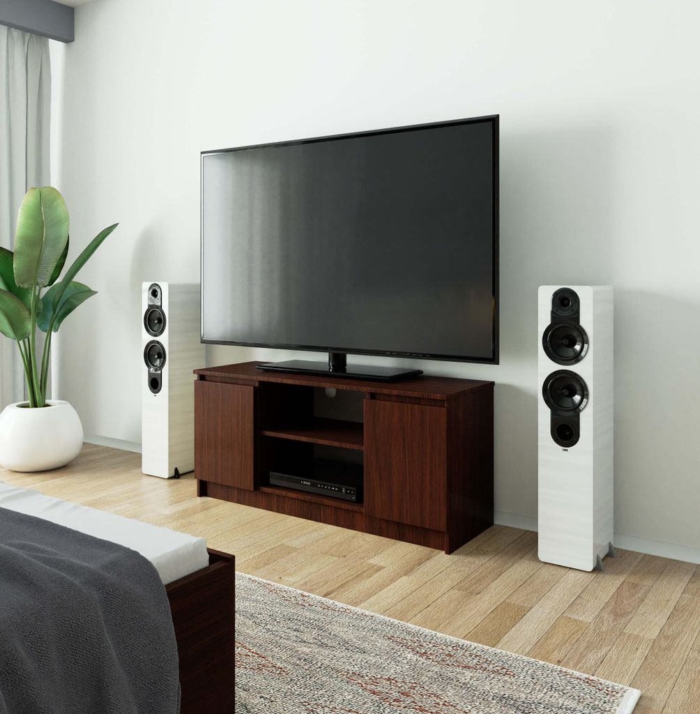 TV Lowboard – TV Schrank – TV Ständer – TV Tisch – 120 cm – Dunkelbraun – Funktionale Medienaufbewahrung mit Klapptüren
