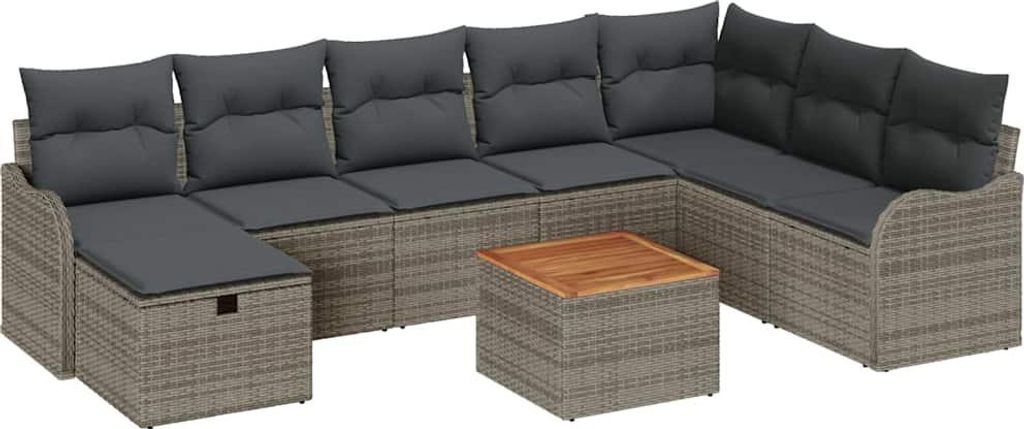 vidaXL Gartensofa-set mit Kissen mit Speicher 9 pcs Grau Poly Rattan