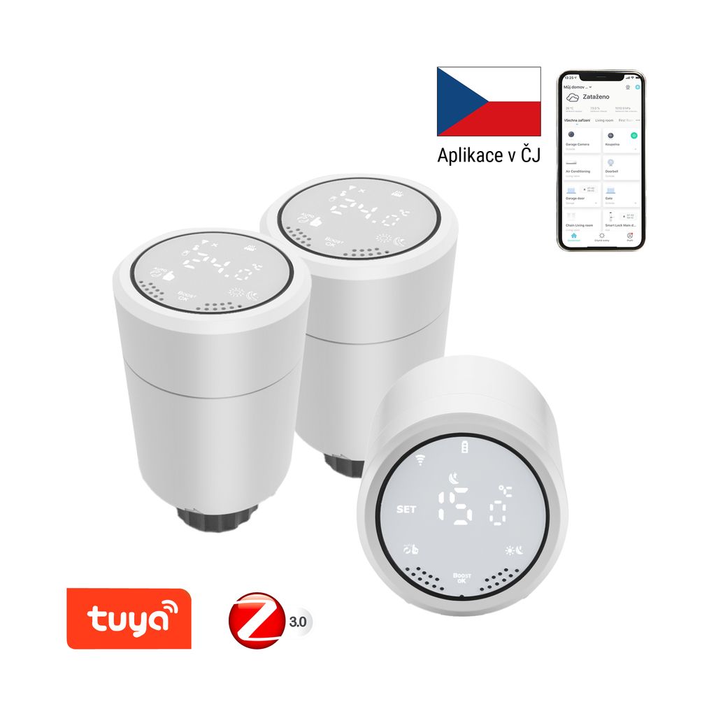 Three white smart thermostats are displayed on a white background, with logos and a phone screen showing an app.