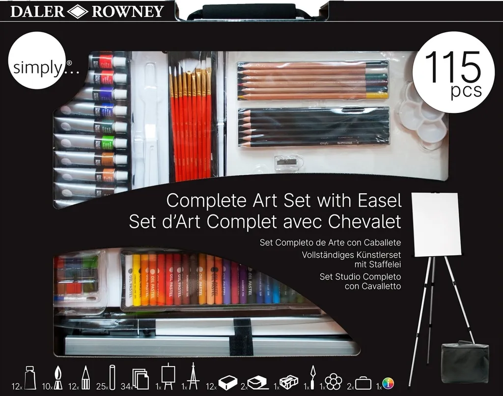 Set de dessin Daler Rowney 115 pièces avec chevalet de table et acryliques