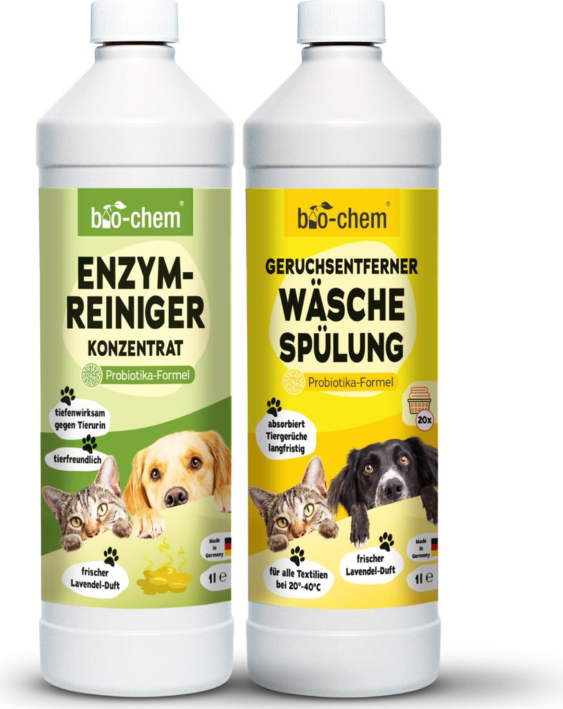 bio-chem Geruchsentferner Set | Enzymreiniger Konzentrat 1L + Wäschespülung 1L | Mikrobiologisch & effektiv | Gegen Tiergeruch auf Textilien & Ob...