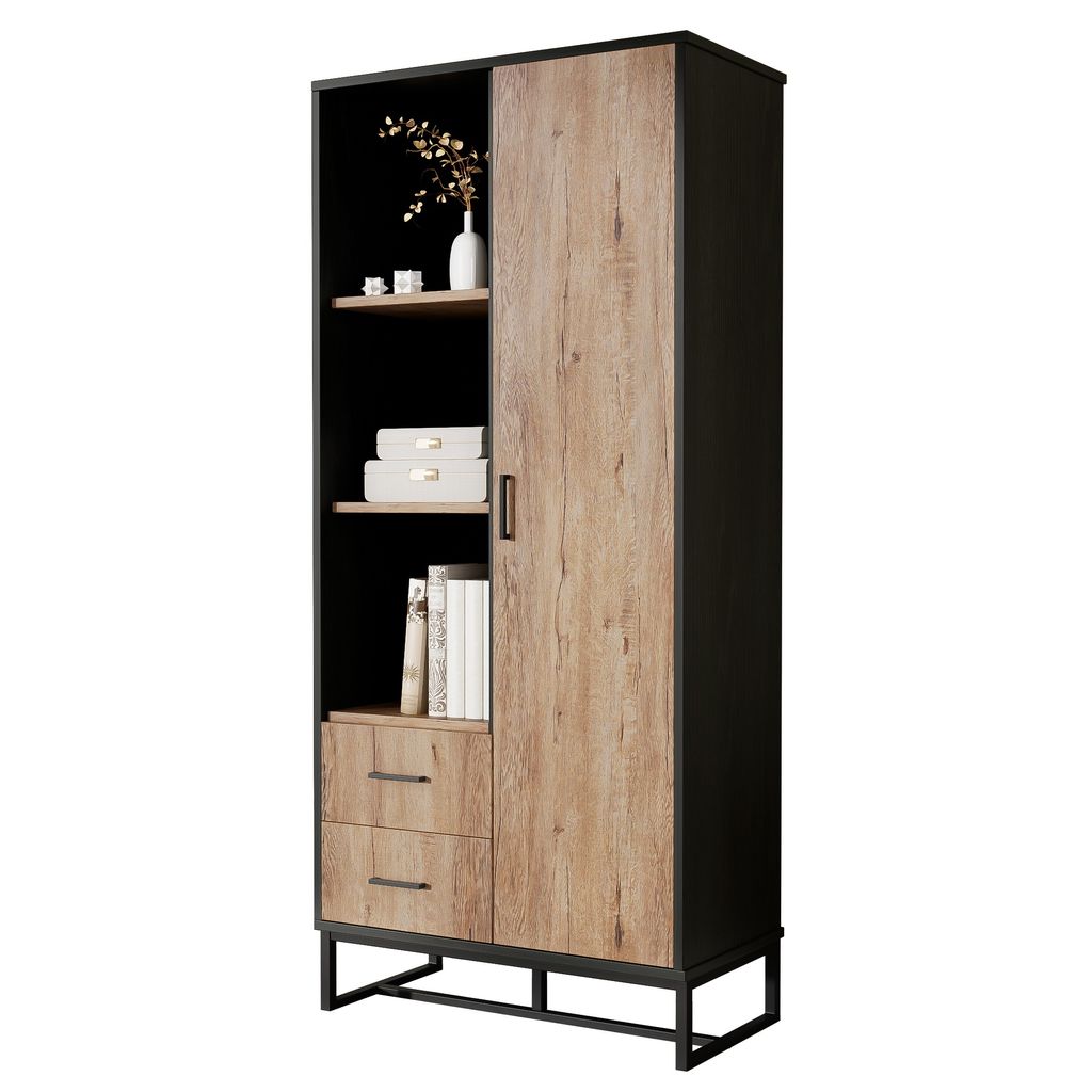 Vitrine Highboard Schrank Holzoptik mit schwarzem Rahmen (1Tür 2 Schubladen&3 offenen Fächern 80x40x180cm) Vielseitiger Stauraum für Wohnzimmer ...