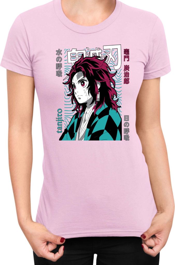 Damen T-Shirt Demon Anime Slayer Kimetsu No Yaiba Tanjiro Kamado 008, Lady XL / Hellrosa