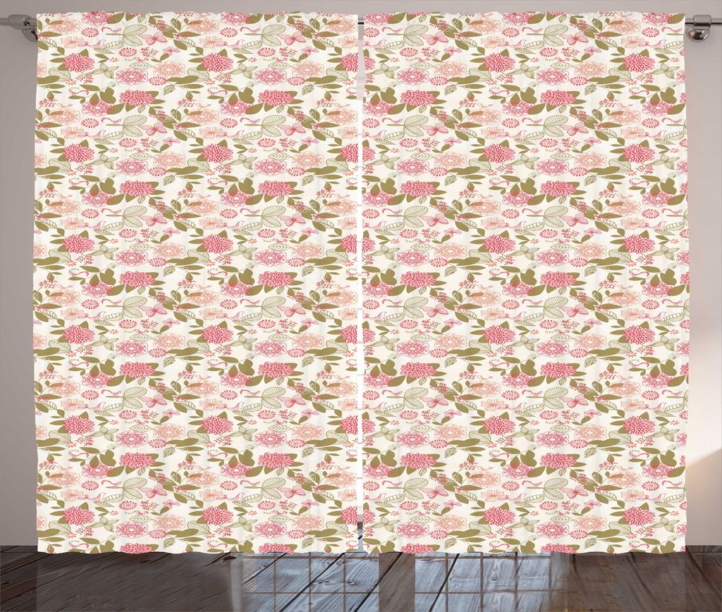 ABAKUHAUS Jahrgang Rustikaler Gardine, Rosa Chrysantheme-Blumen, Schlafzimmer Kräuselband Vorhang mit Schlaufen und Haken, 280 x 175 cm, Mehrfarbig