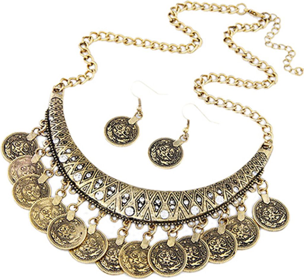 Damen-Choker-Halskette im Vintage-Münzstil mit Haken-Ohrringen und Statement-Schmuckset-Golden