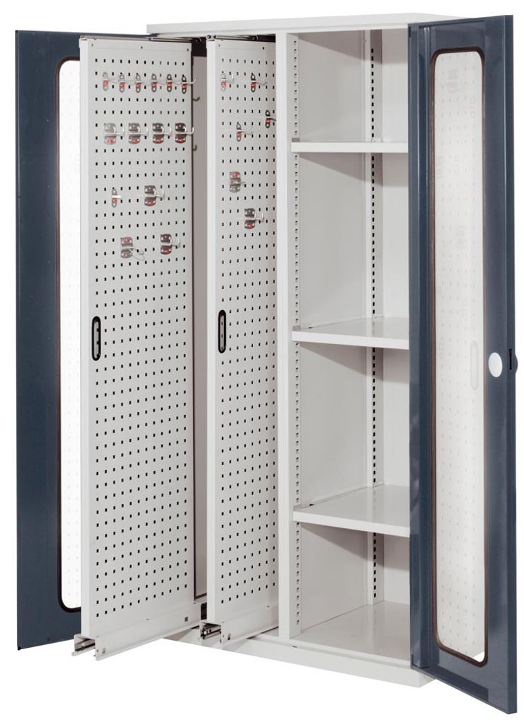 Schwerlastschrank, Sichtfenstertüren, 2 Vertikalauszüge, 3 Fachböden, BxTxH 1000x600x1950 mm, RAL 7035/7016