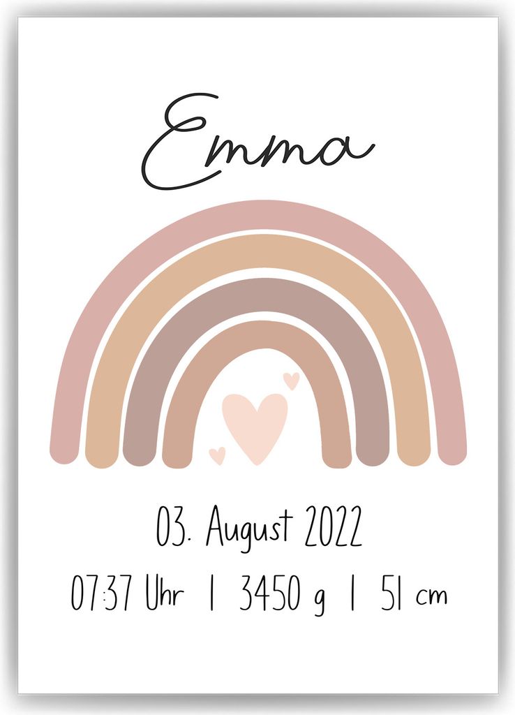 Rosa Regenbogen Geburtsposter Personalisiert Name Uhrzeit Größe Gewicht | Kinderzimmer Babygeschenk | Geburt Baby Poster – Digital (Versand per...