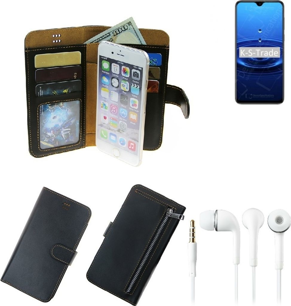 TOP SET Handy Hülle Schutz Hülle kompatibel mit Cubot R15 schwarz aus Kunstleder + Kopfhörer Smartphone Tasche vollwertige Geldbörse K-S-Trade