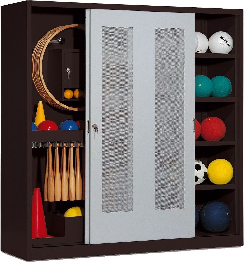 C+P Sportgeräteschrank mit Lochblech-Schiebetüren (Typ 5), HxBxT 195x190x60 cm, Lichtgrau (RAL 7035), Anthrazit (RAL 7021), Gleichschließung