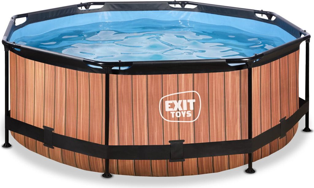 An octagonal above-ground swimming pool with a wood-effect exterior and blue water inside, set against a white background.