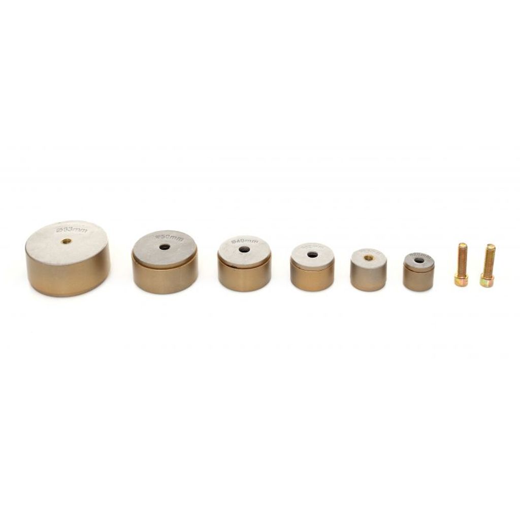 A set of metal pipe welding dies and two bolts arranged in a line on a white background.