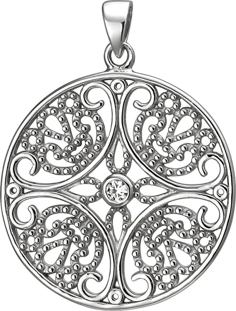 Anhänger aus 925 Silber mit 4 weißen Zirkonia Halsschmuck rund mit Ornament