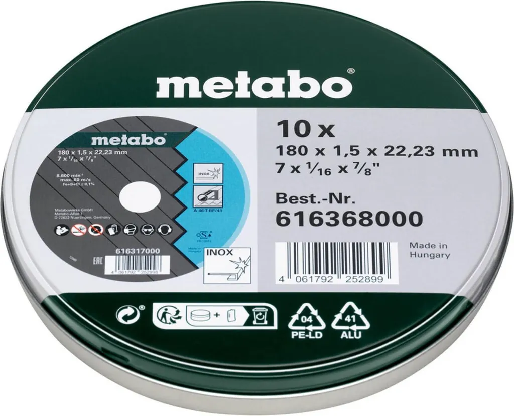 Lot de 10 Disques à tronçonner Metabo SP Inox TF 41 pour coupes propres