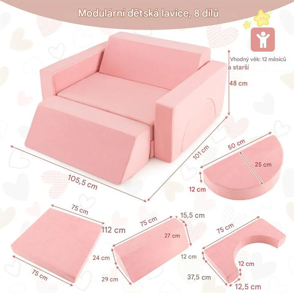 Canapé Enfant Rose Déhoussable et Lavable - Solution Jeu Modulable - 2