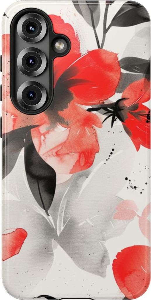 Rotes und schwarzes Aquarell-Blumenmuster – Hülle Kompatibel mit Samsung Galaxy S25