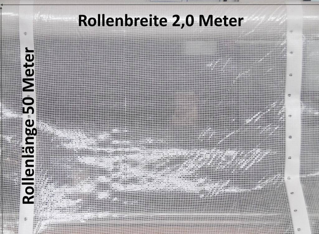 Schwere Gitterfolie 250g/m², 2m breit, 50m lang = 100m² transparent 2m breit Wetter-Plane Not-Dach Abdeckung Nagelrand