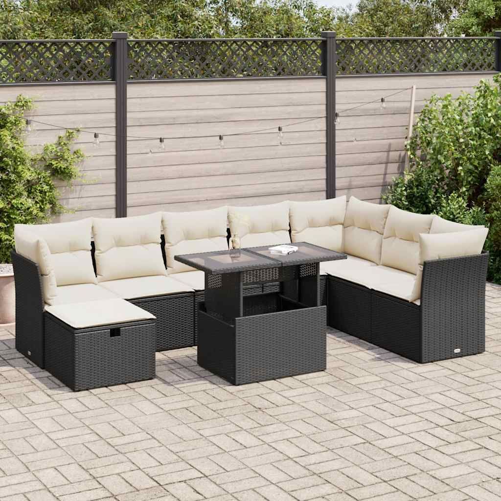 "Rabatt" 9-tlg. Garten-Sofagarnitur - mit sofa - mit Kissen Schwarz Poly Rattan - Lounge-Dining set CC12182