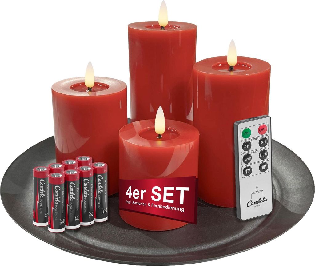 Candela Lights LED Kerzen 4er Set Winter Kollektion Echtwachs Stumpenkerzen inkl. Fernbedienung, Dekoteller & Batterien Timer & dimmbar