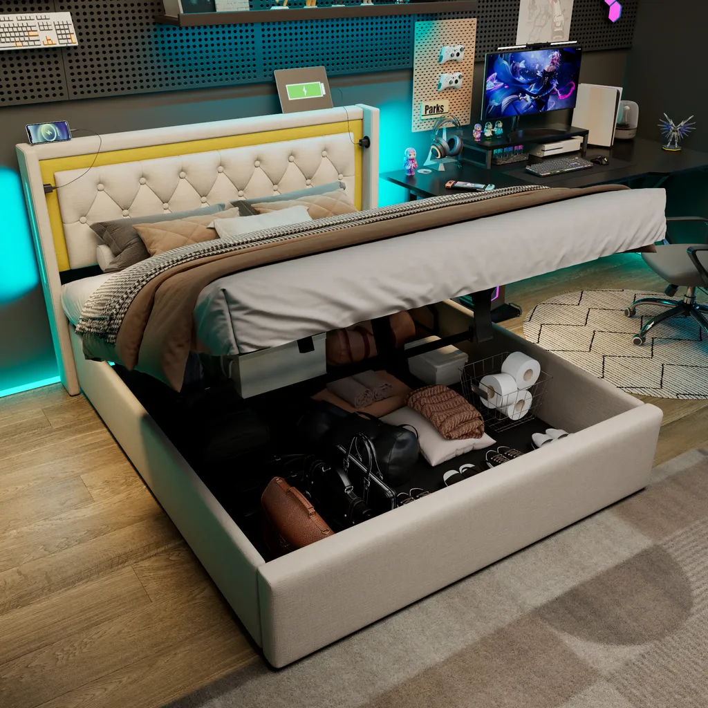 Lit Boxspring 140x200 cm avec rangement hydraulique et éclairage LED