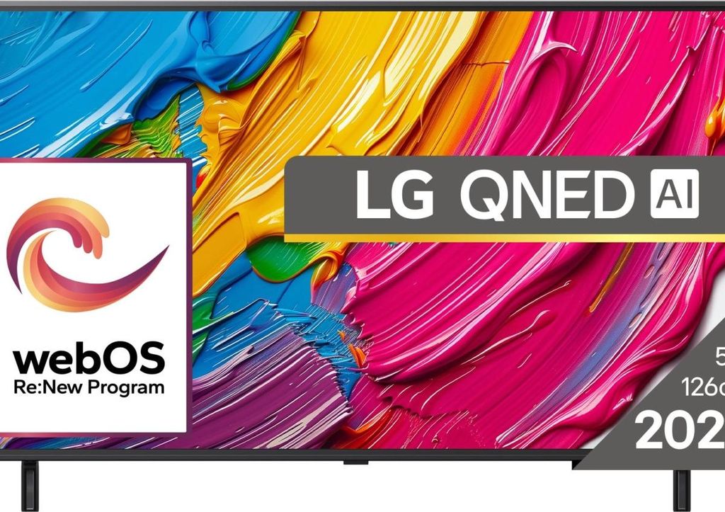 A television screen displaying a colorful abstract image, with marketing overlays.