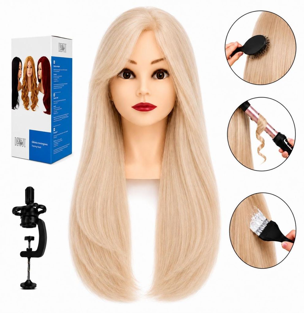 Frisierkopf Jessica Echthaar 60 cm mit Stativ – Produktbild 