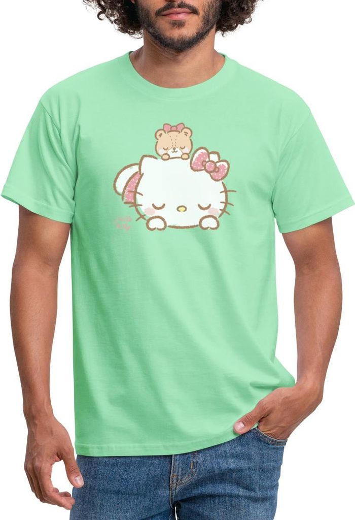 Spreadshirt Hello Kitty Mit Teddy Auf Dem Rücken Männer T-Shirt, M, Mintgrün