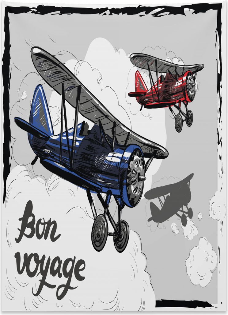 Abakuhaus Flugzeug Wandteppich, Retro-Reise aus Weiches Mikrofaser Stoff Kein Verblassen Klare Farben Waschbar, 110 x 150 cm, Grau Blau Rot