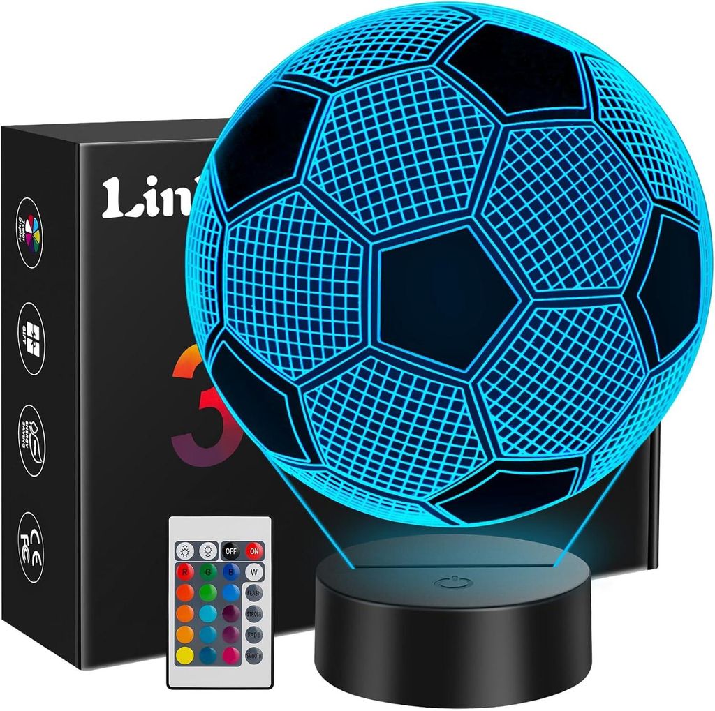 Geschenk für einen 10-jährigen Jungen – 3D-Fußball-Nachtlicht aus Acryl für Kinder, 16-farbige LED-Nachttischlampe mit Fernbedienung | Schlaf...