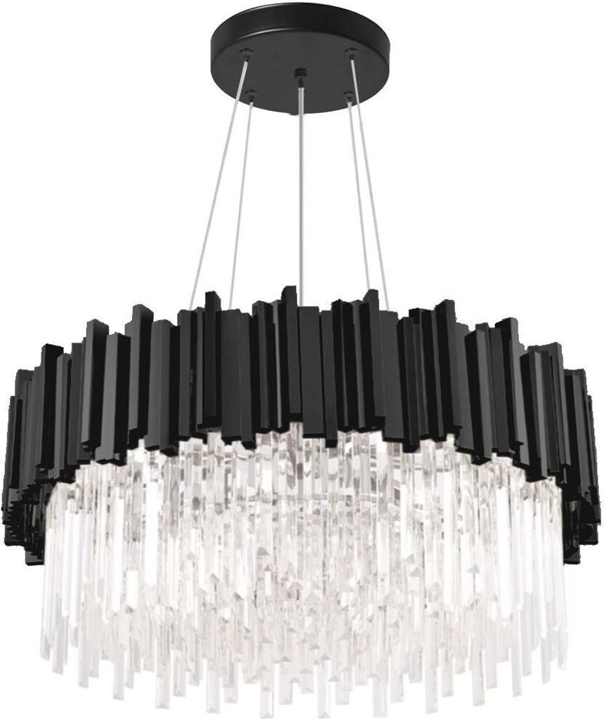 A black and clear chandelier hanging from a white background.