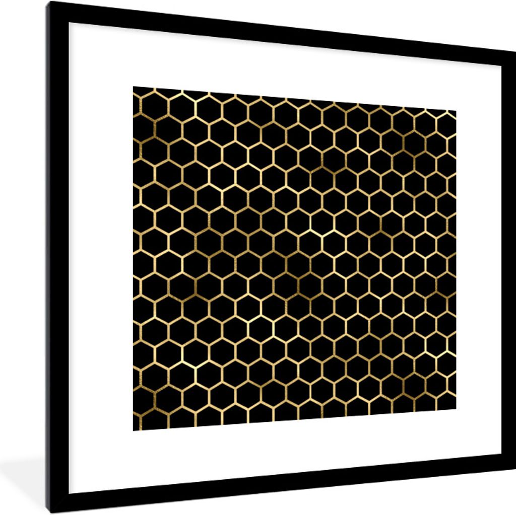 MuchoWow Gerahmtes Poster Muster - Sechseck - Gold - Schwarz 40x40 cm - Poster mit Schwarzem Bilderrahmen Wandposter Rahmen Foto Bilder - Poster ...