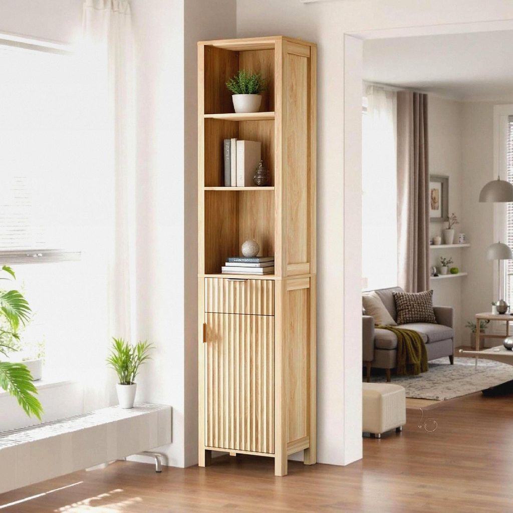 Badezimmerschrank Schmal Badezimmerschrank Hoch Badschrank Schmal mit 1 Türfach 1 Schubladen & 3 offene Regalen, Hochschrank 39x29.5x173cm (39 X 2...